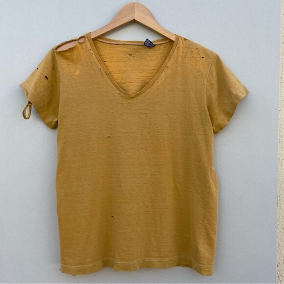 Gap Yellow Turmeric Women's Distressed V-neck T-shirt Size Med - Picture 1 of 9